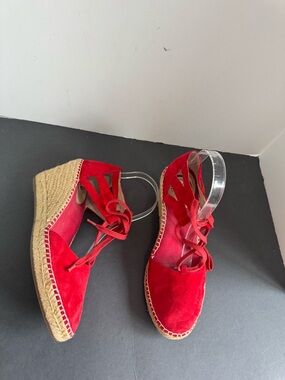 Abeo Dee Red Suede Leather Lace-Up Espadrille Wedges size 9